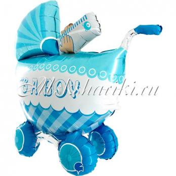 Шар 3D (33''/84 см) Фигура, Коляска для мальчика, Голубой