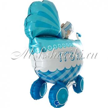 Шар 3D (33''/84 см) Фигура, Коляска для мальчика, Голубой